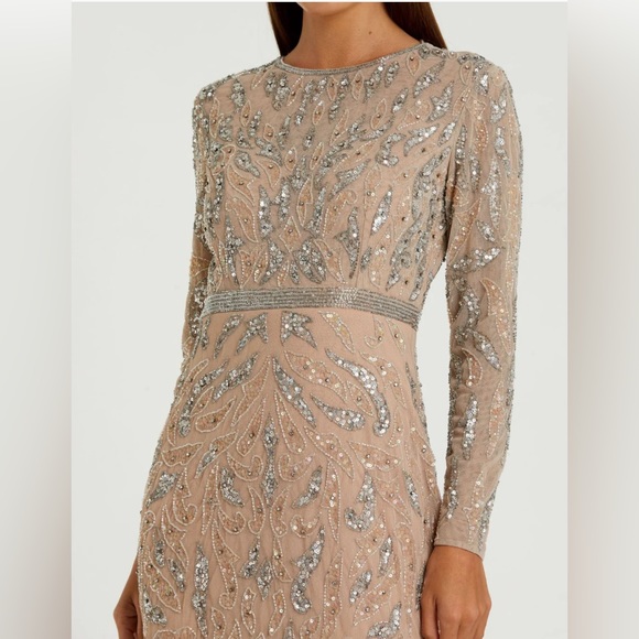 Mac Duggal - Beige Beaded Long Sleeve Evening Gown - Picture 3 of 11